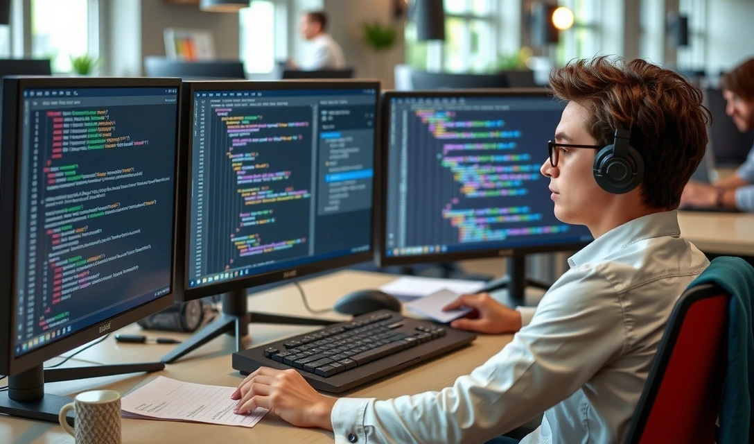 Bilde av en utvikler som koder foran flere skjermer, med fokus på ren kode