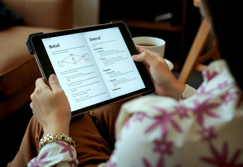 Person som leser en e-bok på en tablet, med teknisk innhold vist på skjermen