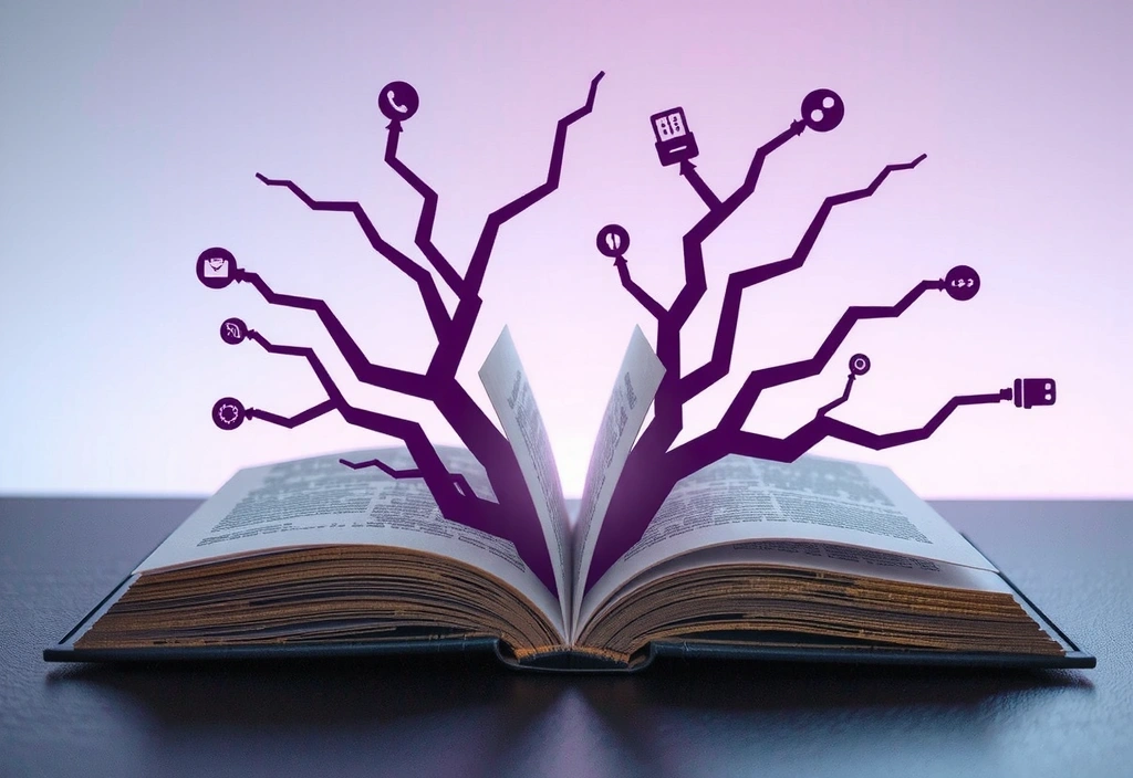 Åpen bok og et kunnskapstre som symboliserer læring og informasjon