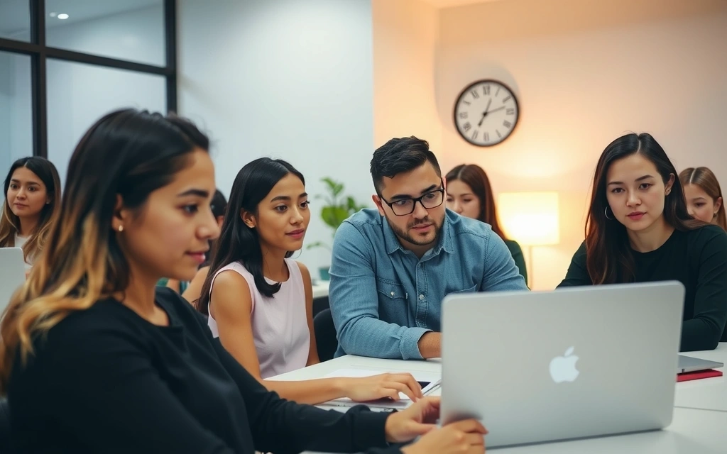 Studenter som samarbeider om et programmeringsprosjekt på bærbare datamaskiner.