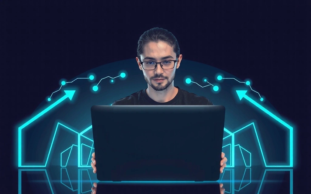 Moderne bilde av en person som studerer på en laptop i et teknologisk miljø, som symboliserer læring og innovasjon.