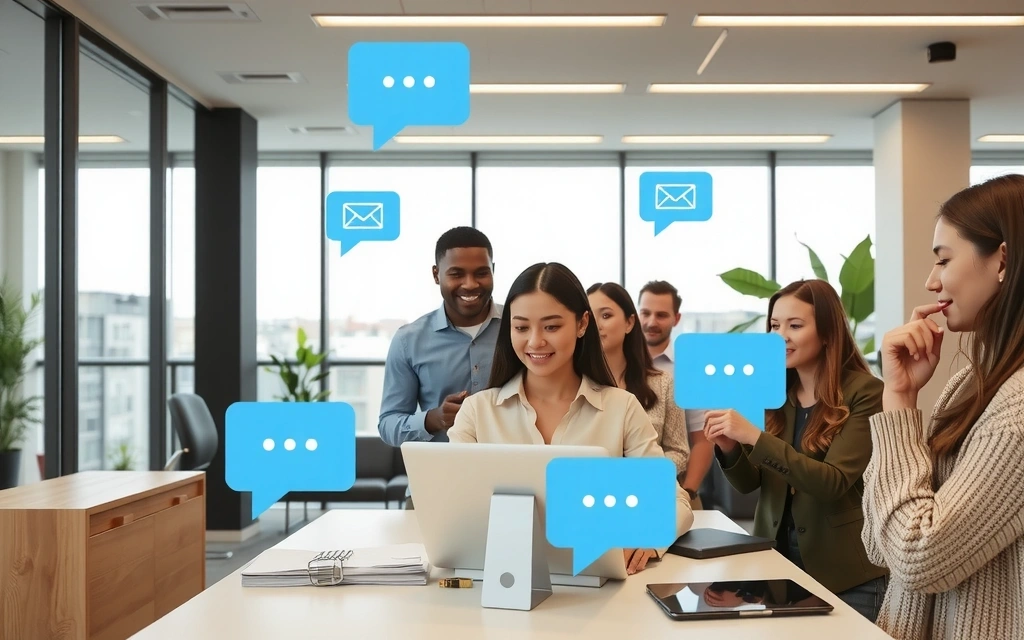 Moderne kommunikasjonsgrensesnitt med bobler og ikoner som representerer meldinger, telefon og e-post, med et team som arbeider i bakgrunnen