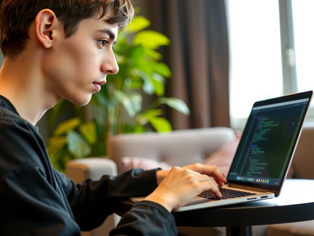 En student som ser engasjert på en bærbar datamaskin, med et digitalt grensesnitt som viser kode og diagrammer. Bildet utstråler fokus og læring.