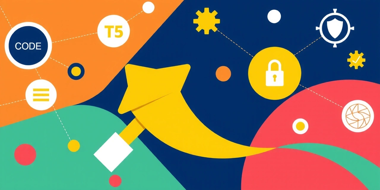 Et abstrakt bilde som representerer en blanding av teknologiske ikoner som koding, nettverk, datasikkerhet og dataanalyse, alle sammenvevd i et dynamisk mønster. Fargene er moderne og tiltalende.