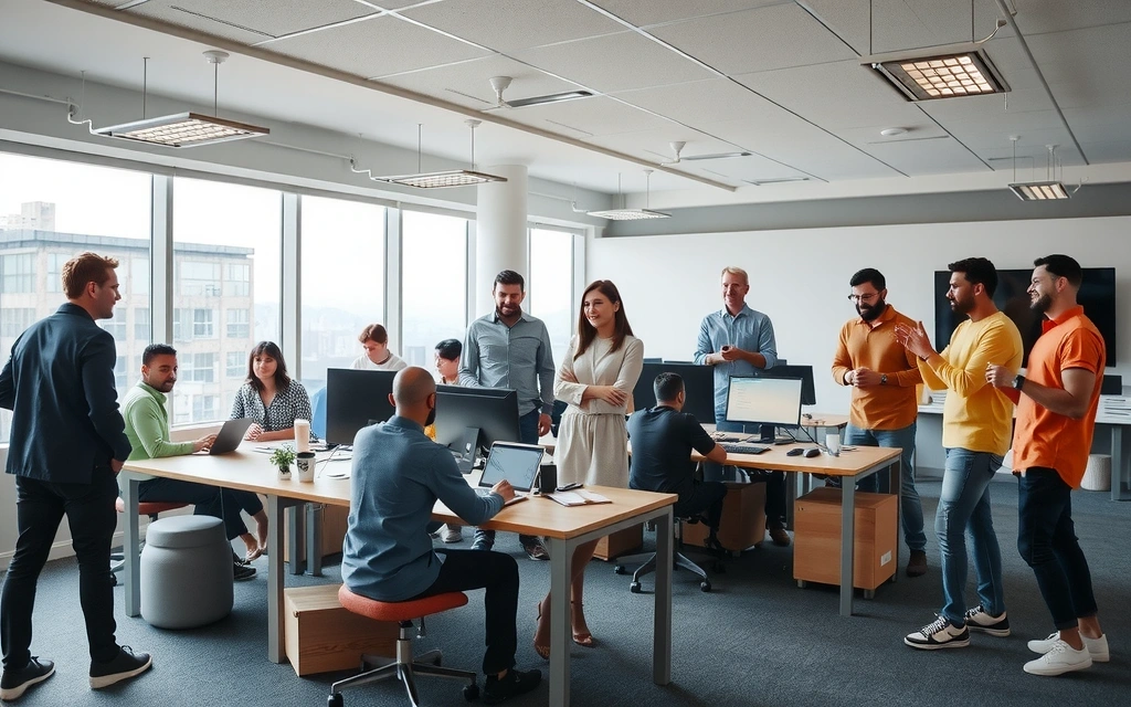 Moderne bilde av et utvidet team fra TeknologiForbedring AS i et større, pulserende kontor