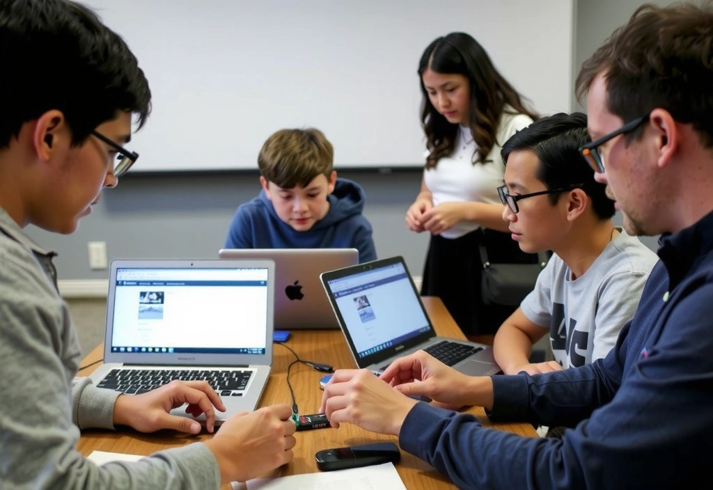 Studenter som aktivt deltar i en praktisk workshop med teknologi