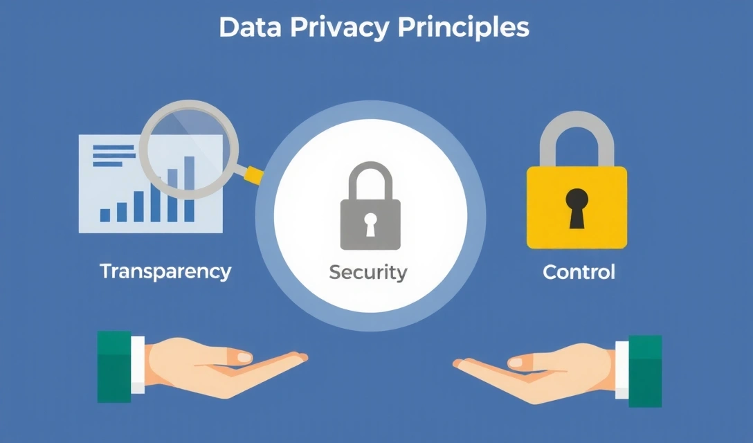 Illustrasjon av personvernprinsipper som åpenhet, sikkerhet og kontroll