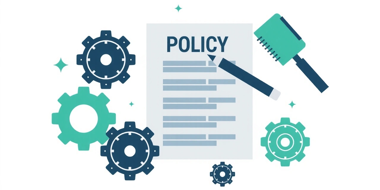 Illustration of a document being updated with a pen, surrounded by gears and digital elements, symbolizing policy changes.