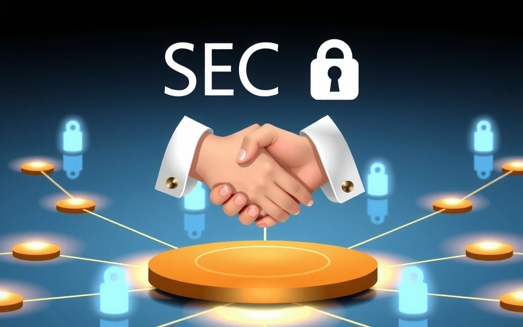 Illustration of two people shaking hands over a data connection, symbolizing secure data sharing with trusted partners.