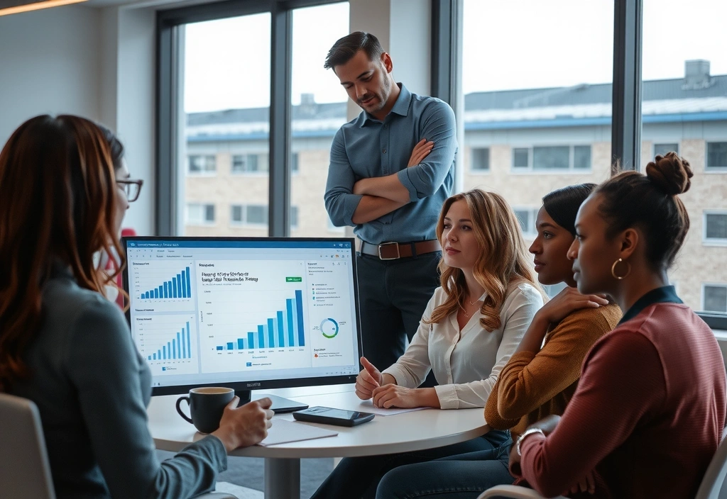 Team som jobber sammen på et kontor med digitale verktøy